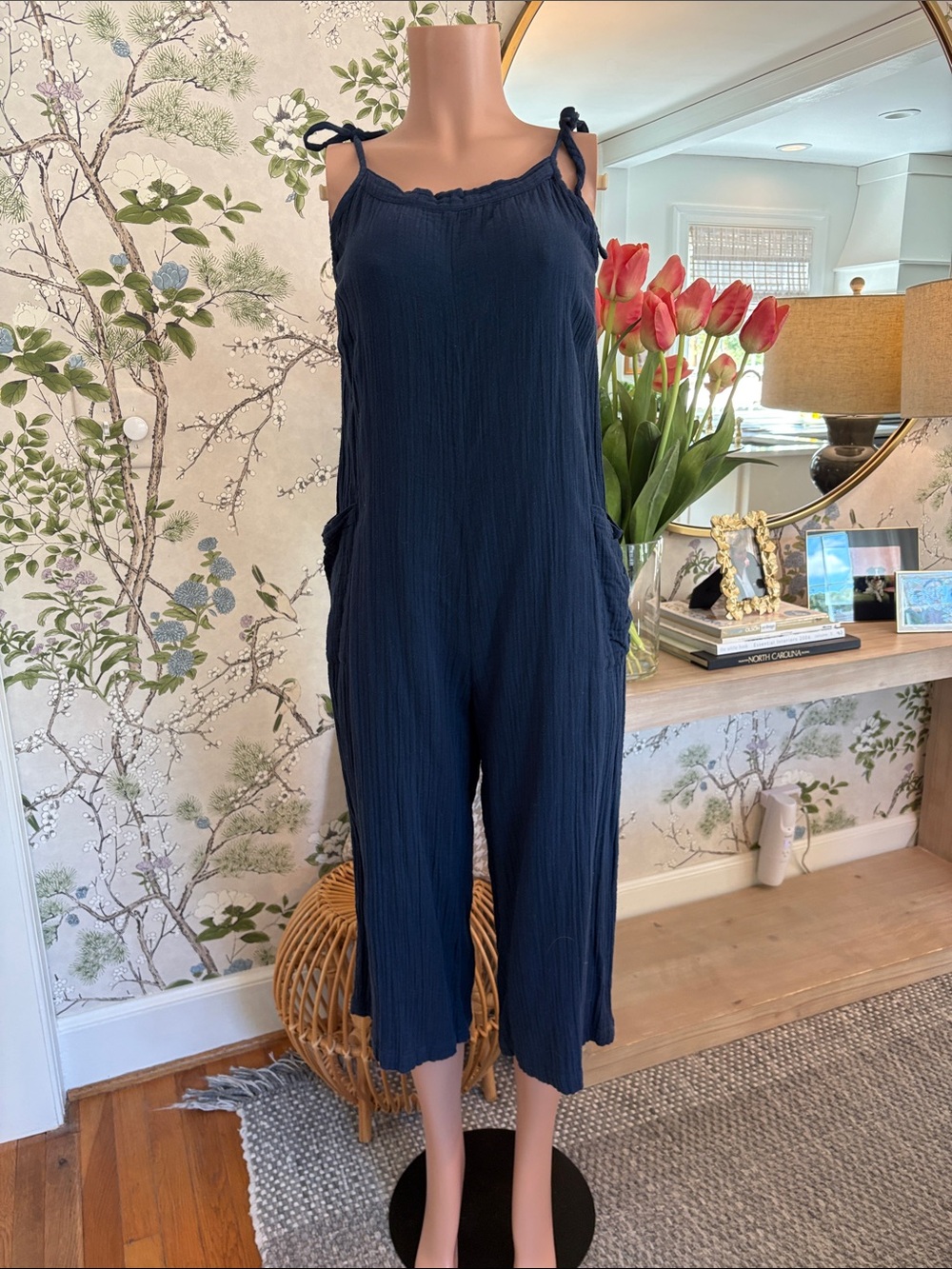 Pink Chicken Navy Tie-Shoulder Cropped Jumpsuit